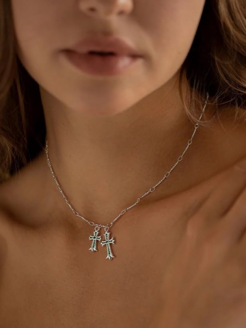 ✝️📿✝️ New Warshion 14K Gold Plated Double Cross CZ Bamboo Chain Necklace ✝️📿✝️